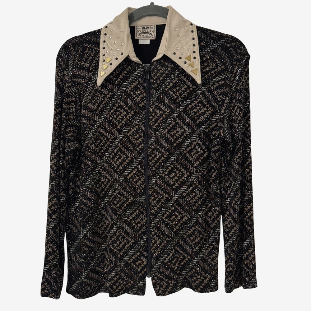 1849 Authentic‎ Ranchwear Top M Black Gold Studded Collar Western Rodeo Festival